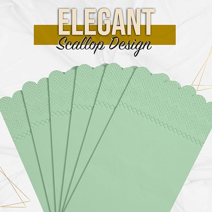Party Solids Sage Green Scalloped Napkins Disposable 20 Pcs 3-Ply Sage Green Scalloped Dinner Napkins Disposable Decorative for Dinners & Parties, Paper Guest Towels for Bathroom & Party Supplies