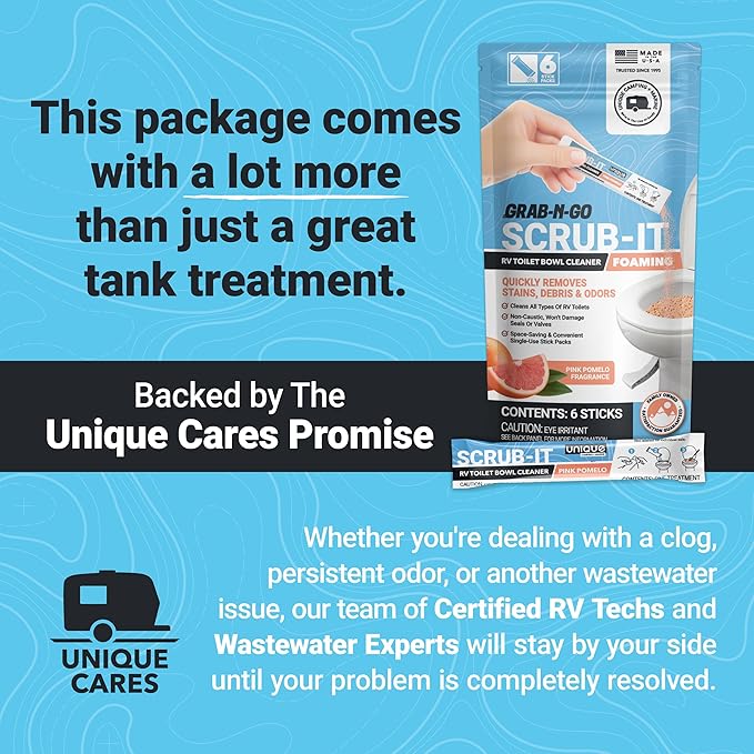 Unique Scrub-It Foaming RV Toilet Cleaner - Pink Pomelo Scent, 6 Count Stick Packs, Premeasured, No-Mess, Grab-N-Go Powder Removes Stains from RV Toilet Bowls, Helps Lubricate Valves and Seals