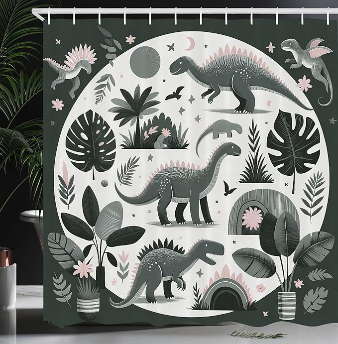 Ambesonne Dinosaur Shower Curtain, Dreamy Exotic Monstera Leaves and Jurassic Animals with Flowery Joy, Cloth Fabric Bathroom Decor Set with Hooks, 69" W x 70" L, Grey Teal Off White Rose