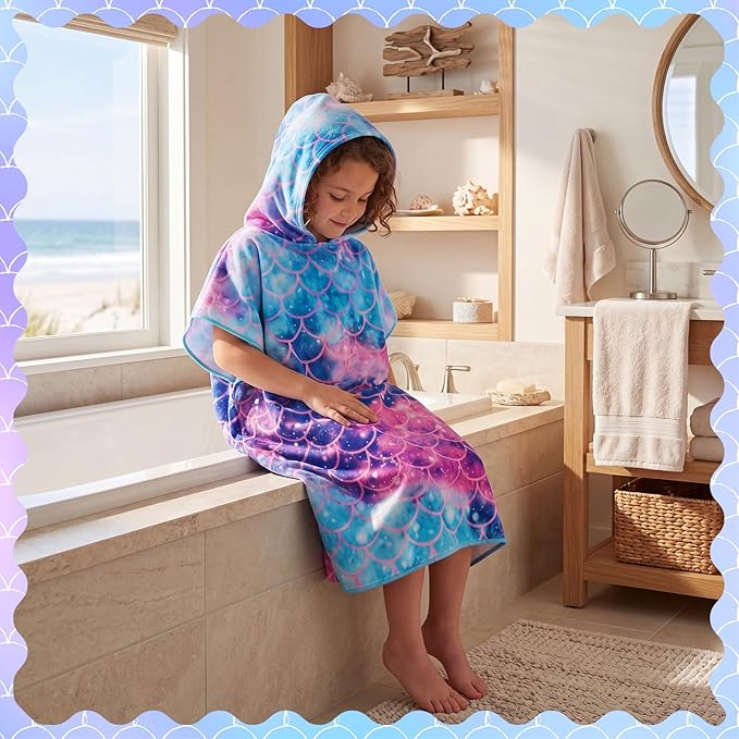 Fanfanwin Hooded Bath Towel for Girls Cotton Mermaid Bath Hooded Poncho 37.8x23.62 Inches Mermaid Poncho with Snap Buttons Hood Soft Rapid Dry for Home Swim Travel Beach Pool Under The Sea Party Gifts