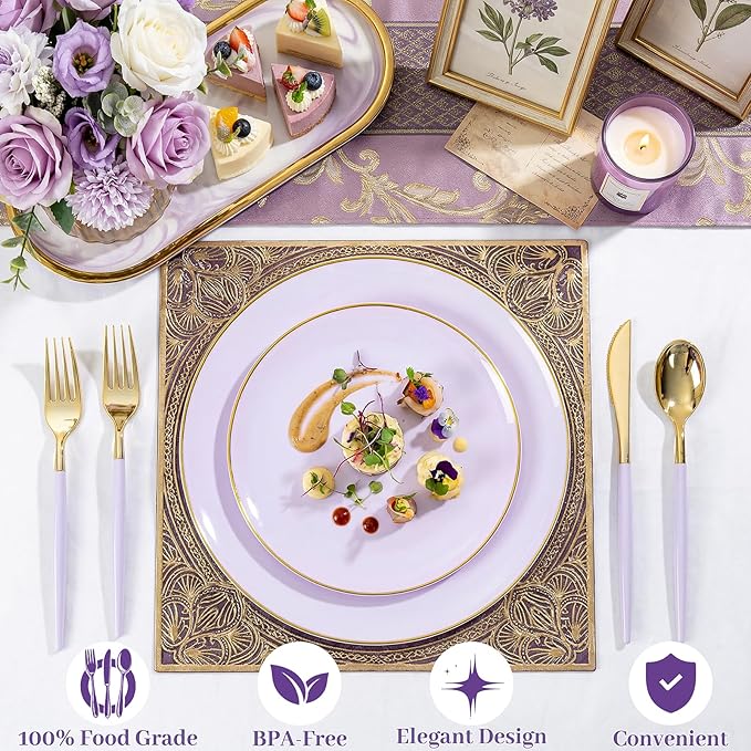 DaYammi 150Pcs Purple Plastic Plates with Gold Rim,Disposable Plastic Plates Include 30 Dinner Plate,30 Salad Plate,30 Forks,30 Spoons,30 Knive,Purple Disposable Platos for Party Wedding Bridal Shower