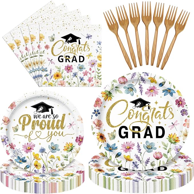 100 Pieces Graduation Party Tableware Set – Congrats Grad Floral Plates, Napkins and Forks, Wildflower Disposable Dinnerware for Class of 2026 Graduation Party Supplies