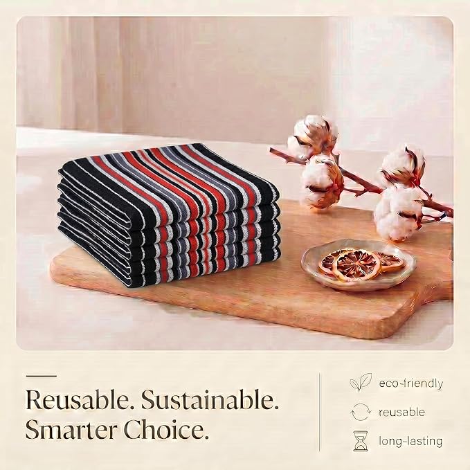 Urban Villa Kitchen Towels Waffle Stripes Dish Towels for Kitchen Black Color Set of 6 Kitchen Towels Highly Absorbent Cotton Over Sized 20X30 in with Mitered Corners Kitchen Hand Tea Towels