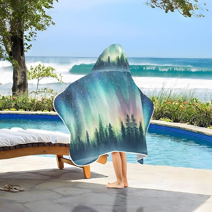 Hooded Towel for Kids Aurora Borealis in Woods Beach Wrap Bath Towels 50x23.5in