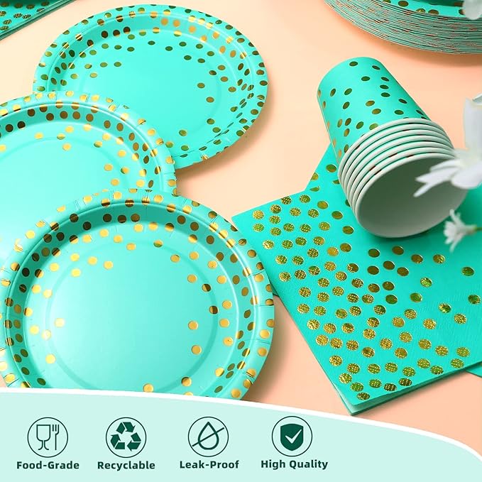 200PCS Teal Plates and Napkins Party Supplies,Teal Paper Plates with Golden Dot Serve 50 Guests，Teal and Gold Birthday Decorations for Women Men Wedding Baby Shower Graduation
