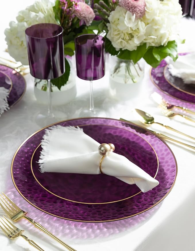 PLASTICPRO 30 Pack Hammered Plastic Plates Heavyweight Disposable Elegant Translucent Purple Hammered Platsic Party Dishes with Gold Rim (Hamered Purple With Gold Rim, 10'' INCH PLATES)