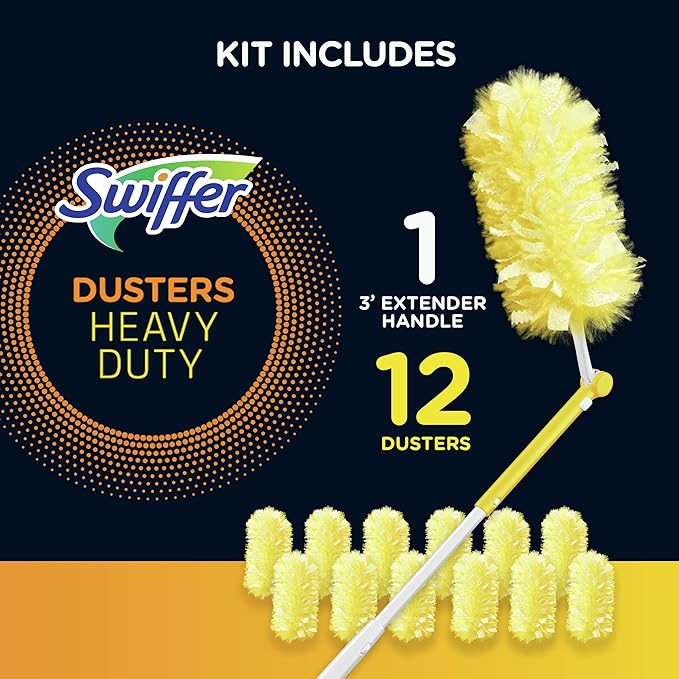 Swiffer Duster Extended Handle Starter Kit and Heavy Duty Refill Cleaning Bundle