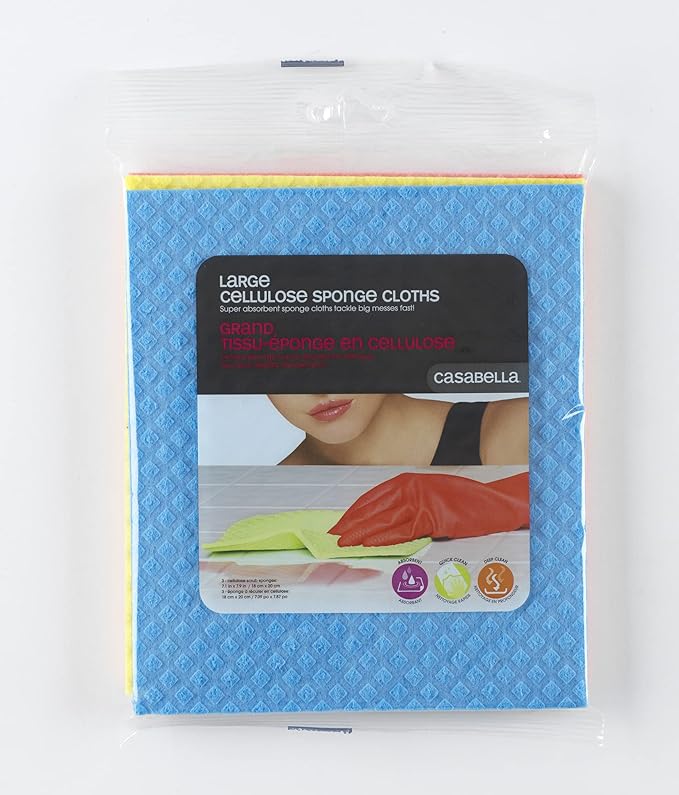 Casabella Cellulose Sponge Cloths Set of 3 All-Purpose Reusable Cleaning Wipes, 8 x 7-Inch, Assorted Colors