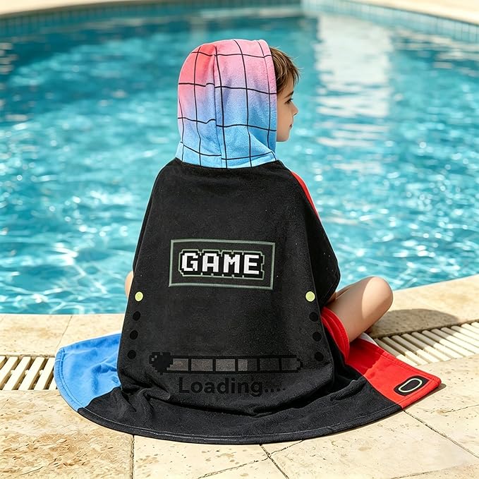 Hooded Towels for Kids - Superfine Fiber Video Game Gamepad Toddler Hood Bath Towels Beach Hooded Poncho Absorbent Pool Toddler Swim Bath Wrap for Boys & Girls 3-10 Years, 60 * 35 inches