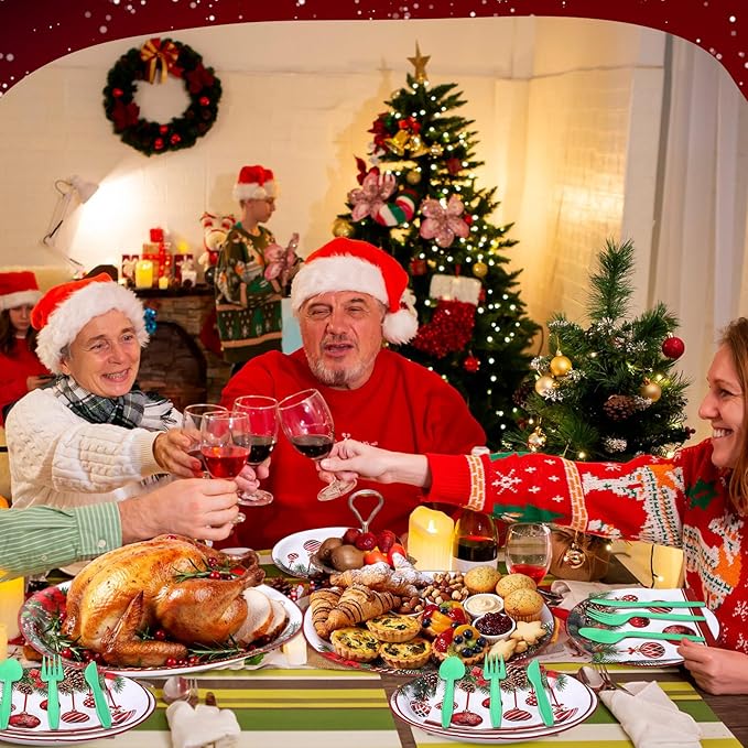Havawish 350 Pcs Christmas Party Supplies Red Christmas Ball Disposable Tableware Set Oval Paper Plates Cups Napkins Fork Knife Spoon Dinnerware for Winter Xmas Holiday Party Table Decorations