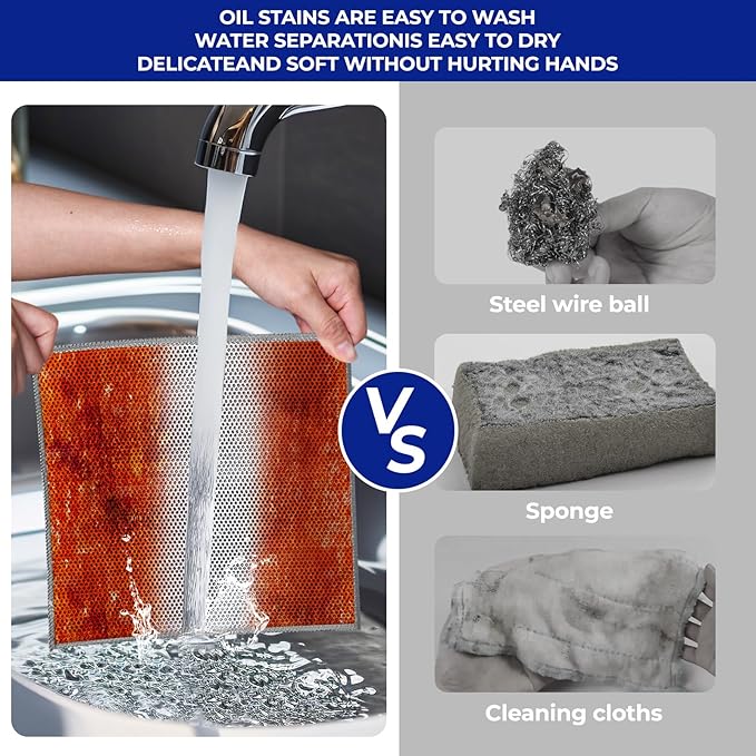 Wangjinpeng 12PCS Non-Scratch Multipurpose Steel Wire Dishcloths - Reusable Quick-Dry Odor-Free Scrub Cloths for Dishes, Kitchen Cleaning Cloths for Cookware, Sinks, Stove Tops(9.84X9.84)