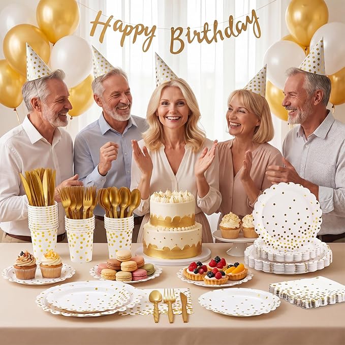 175 Pcs White and Gold Paper Plates and Napkins, Disposable Gold Party Dinnerware Include Scalloped Party Plates Napkin Cups Plastic Cutlery for Birthday Wedding Graduation Congratulations