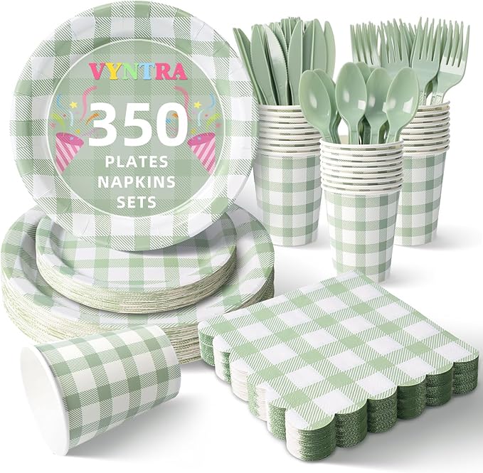 Vyntra 350 Pcs Sage Green Gingham Paper Plates and Napkins Set for 50, 9" Dinner Plates & 7" Dessert Plate, Tableware for Garden Birthday Party