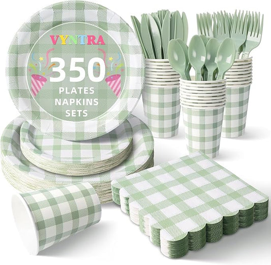 Vyntra 350 Pcs Sage Green Gingham Paper Plates and Napkins Set for 50, 9" Dinner Plates & 7" Dessert Plate, Tableware for Garden Birthday Party