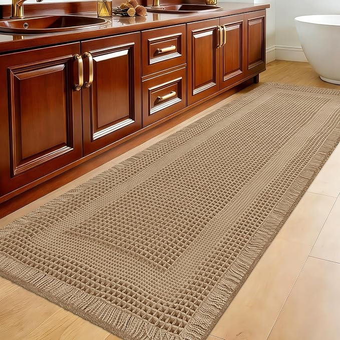 Extra Large Waffle Bath Mat, 5'x2' Beige-Looped, Super Absorbent Non-Slip Quick Dry Bathroom Rugs with Tassels, Machine Washable Ultra Soft Boho Bath Rugs for Floor, Toilet Mats Boho Farmhouse Decor