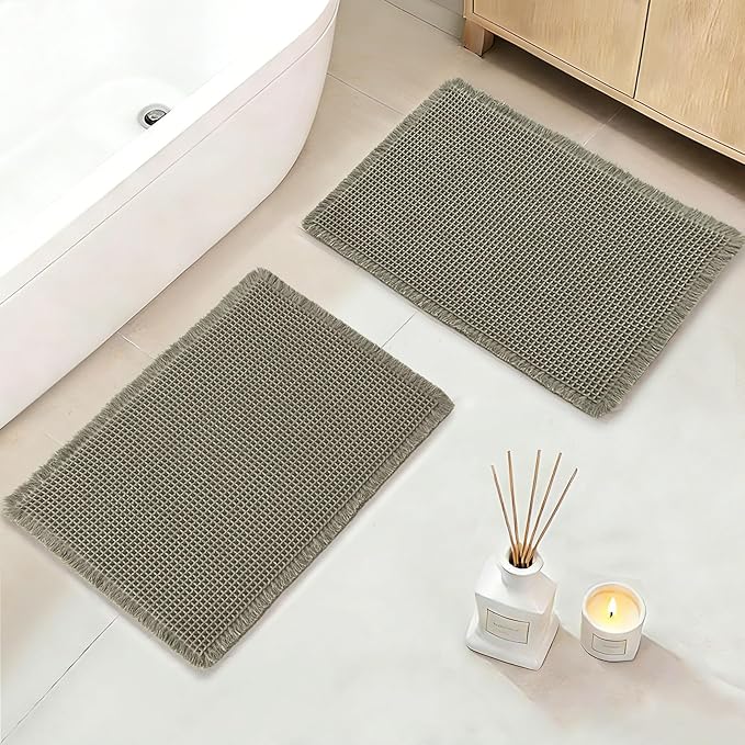 DWCN Olive Green Waffle Bathroom Mat Set, Super Absorbent Non Slip Bath Rug Set for Bathroom Floor, Shower Mats 2 Piece for Tub, Washable Kitchen Rugs for Farmhouse Boho Home Decor, 20 x 32 Inch