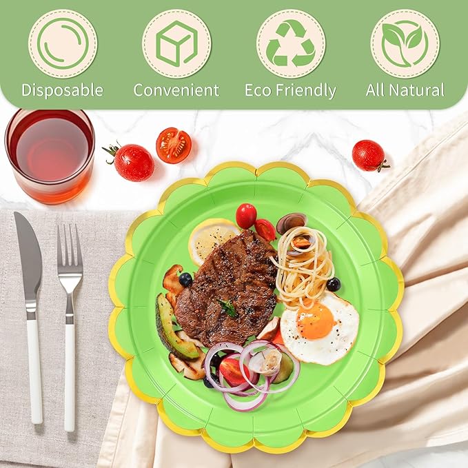 50 Pcs Lime Green Paper Plates, 25 Pcs 9" and 25 Pcs 7" Disposable Christmas Scalloped Plates with Gold Foil for Graduation Wedding Baby Shower Birthday Party Picnic BBQ