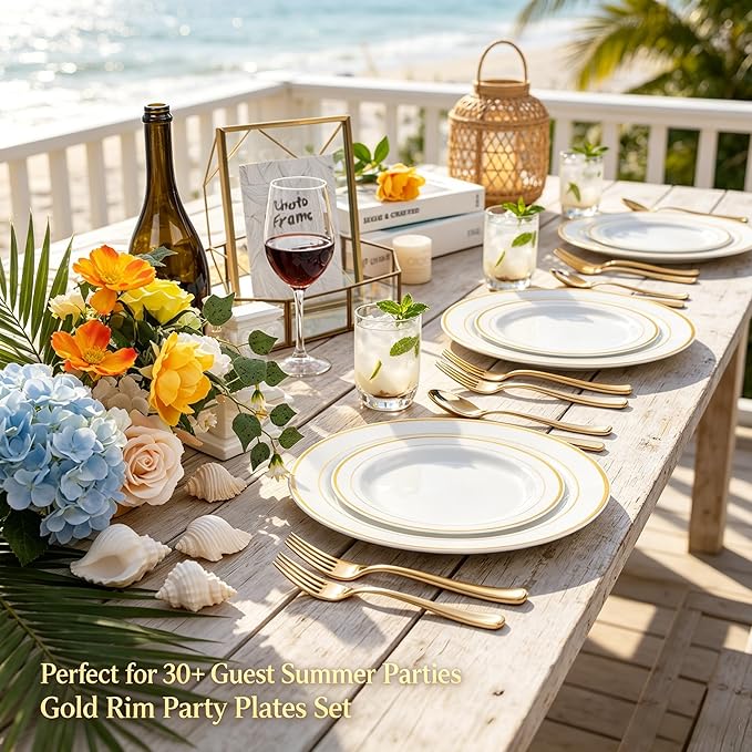 FLOWERCAT 60PCS Gold Plastic Plates - Heavy Duty White and Gold Plastic Plates Disposable for New Year Party/Wedding - Include 30PCS 10.25" Dinner Plates and 30PCS 7.5" Dessert Plates