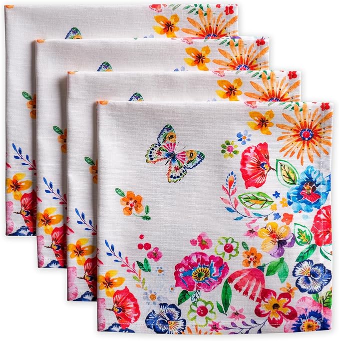 Maison d' Hermine 100% Cotton Cloth Napkins Set of 4 Everyday Reusable Square Napkins Cloth Washable Dinner Party Wedding Restaurant Hotel Kitchen Spring Summer(Happy Florals - High Summer, 20" x 20")