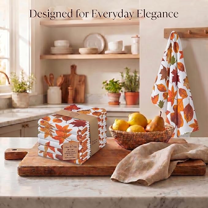 Urban Villa Kitchen Towels Harvest Leaves Print Dish Towels Set of 6 20" X30” 100% Cotton Highly Absorbent Quick Drying Dish Cloths & Dish Towels Thanksgiving Fall Tea Towels with Hanging Loop Towels