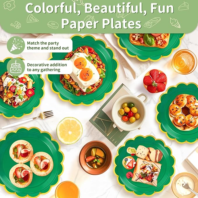 50 Pcs Green Paper Plates, 25 Pcs 9" and 25 Pcs 7" Disposable Green Scalloped Plates with Gold Foil for Graduation Wedding Christmas Baby Shower Birthday Party Picnic BBQ