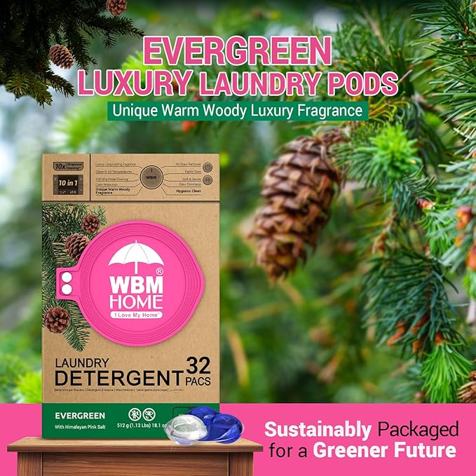 WBM Laundry Detergent Pods - Ultra-Concentrated, Hypoallergenic, Stain-Fighting, Evergreen Scent, 32-Pack, Recyclable Packaging for Eco-Friendly Cleaning