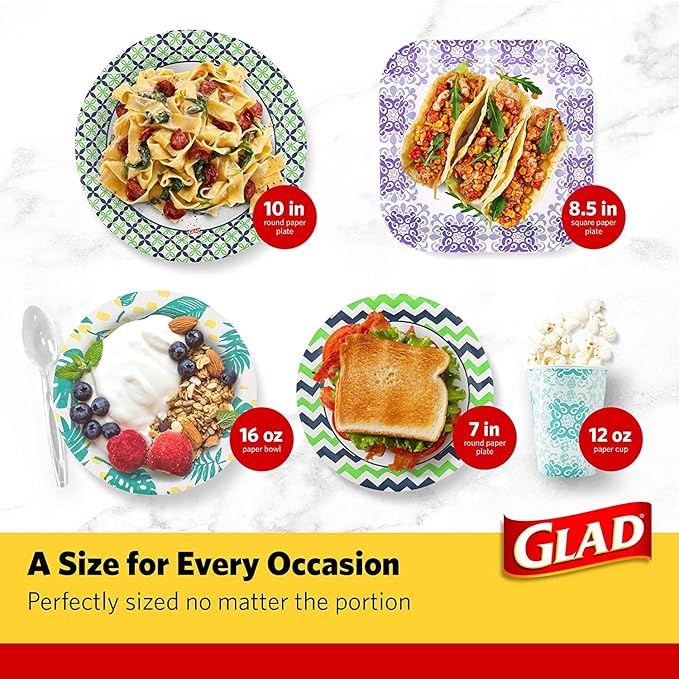Glad Square Heavy Duty Paper Plates, Soak Proof and Cut Proof Disposable Plates for Parties and Everyday Meals, Microwaveable for Easy Serving, Green Victorian Pattern, 10 Inch, 50 Count - 6 Pack