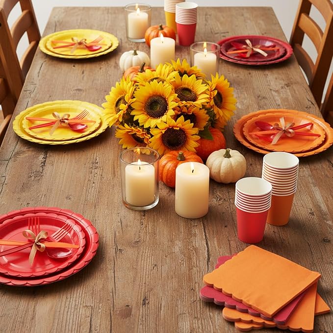Ziliny 350 Pcs Fall Thanksgiving Plates and Napkins, 50 Guest Autumn Party Supplies Include Scalloped Paper Plates Napkins Cups Plastic Spoons Forks Knives Disposable Tableware Set for Harvest Party