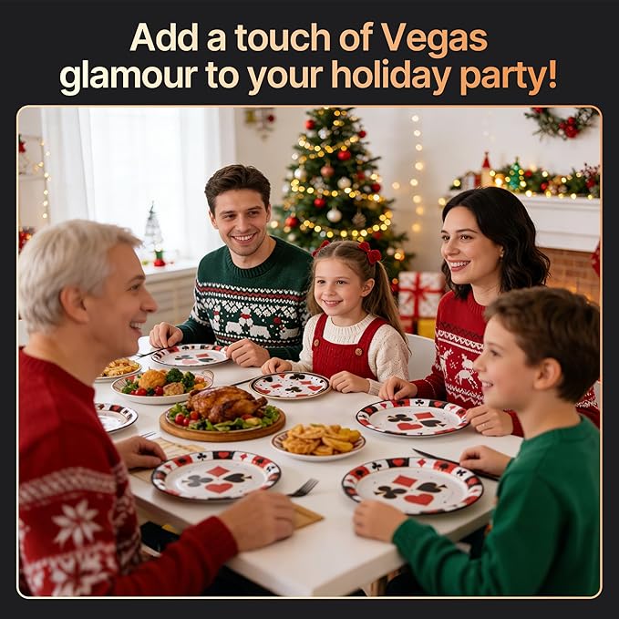 100 Pcs Casino Party Supplies for 25 Guests, Heavy-Duty 7" & 9" Paper Plates, 2-Ply 13" Napkins & Plastic Forks, Disposable Tableware Set for Casino Night Vegas Game Night and Poker Party