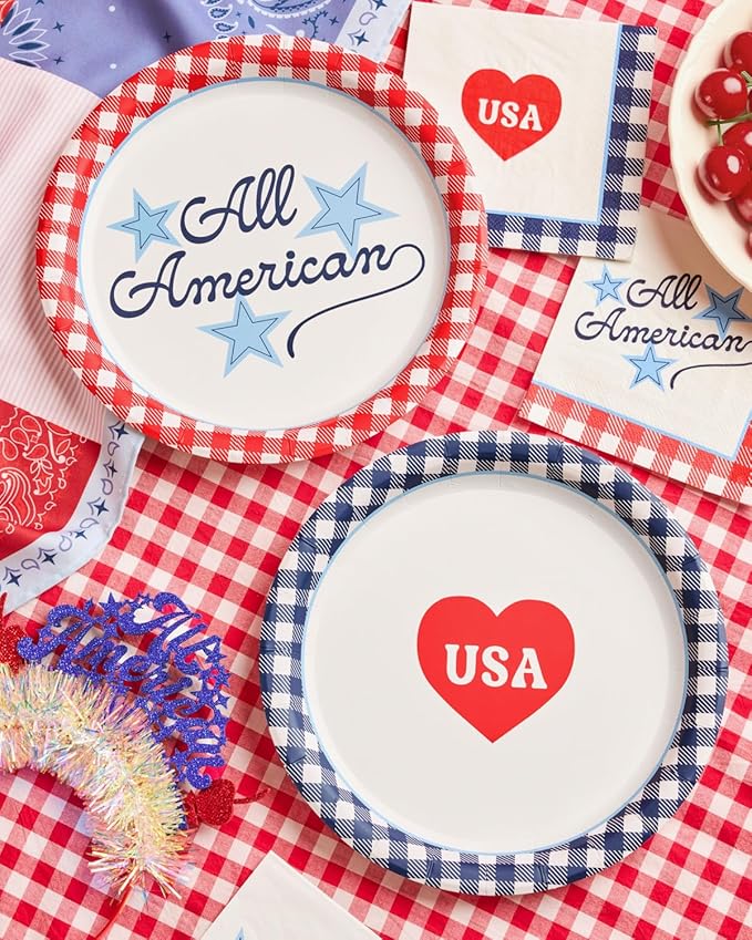 xo, Fetti All American USA Paper Plates | 24 pcs, 9" | 4th of July Tableware, Southern Bachelorette Decorations, Patriotic Dinner Party Setting, Birthday Tablescape