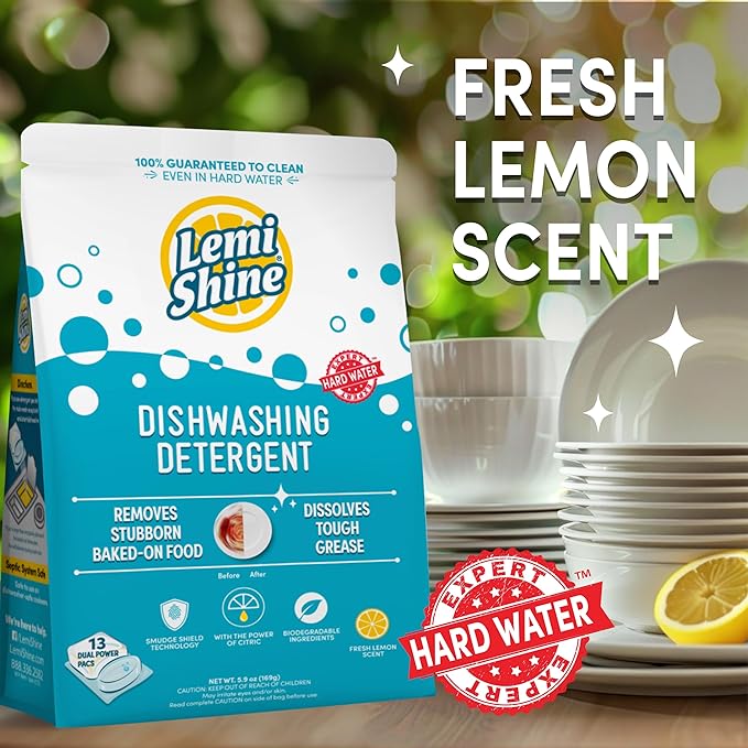 Lemi Shine Natural Dishwasher Pods | All-In-One Powder & Gel Dishwasher Detergent Pods with Powerful Citric Acid | Eco Friendly Dish Wash Cleaning Supplies (13 Count)