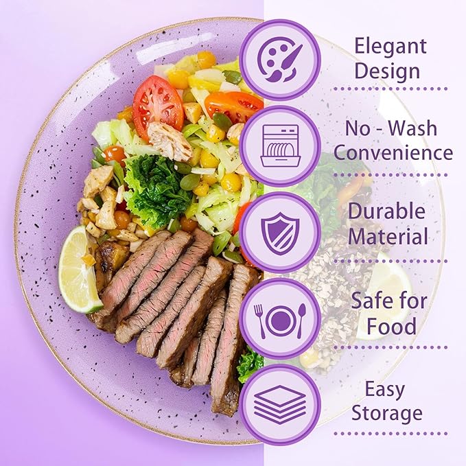 Liacere 32PCS Purple Plastic Plates - Purple Stone Plastic Disposable Tableware Plates Modern Dinnerware Set - Wedding & Warm Winter & Party & Easter Day