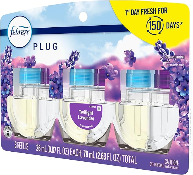 Febreze Plug In Air Freshener, Odor-Fighting Scented Oil Refill, Air Fresheners for Home and Bathroom and Kitchen, Long Lasting for Strong Odors, Twilight Lavender Scent, 0.87oz Refills, 3 Count