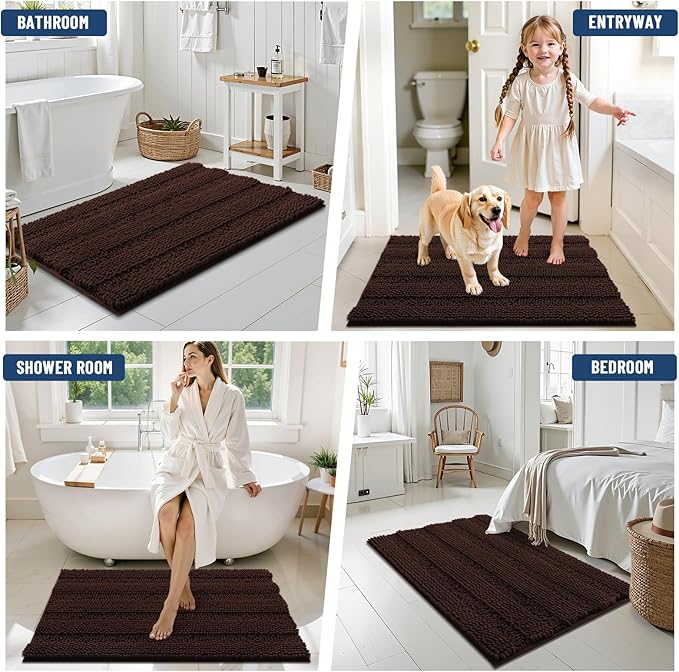 Grandaily Chenille Striped Bathroom Rugs 47x17, Extra Thick and Soft Absorbent Bath Mats, Rubber Backing, Plush Shaggy Shower Carpet, Machine Wash Dry, Bath Rug for Bathroom, Dark Brown