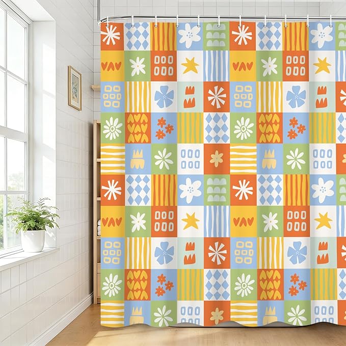 Boho Checkered Floral Shower Curtain Set Multicolored Geometric Flower Print Shower Curtains for Bathroom Waterproof Fabric Bathtub Decorations with Hooks 72x84 Inches