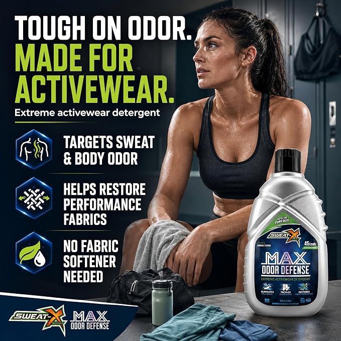 SWEAT X Max Odor Defense Laundry Detergent Liquid - Natural Washing Detergent for Activewear & Gym Clothes - Laundry Detergent for Sensitive Skin - Concentrated Detergent, 45 Loads/Bottle (2 Bottles)