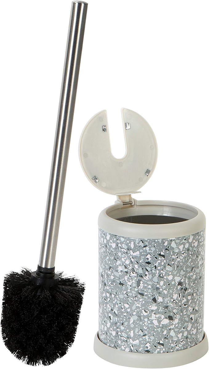 Bath Bliss Toilet Brush and Holder | Self Closing Lid | 360 Degree Brush Head | Bathroom Cleaning | Compact Size | Storage and Organization | Terrazzo grey with pink speckles