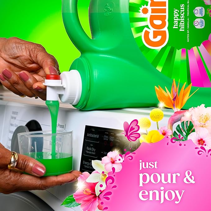 Gain Liquid Laundry Detergent, With Odor Defense, Happy Hibiscus Scent, Laundry Soap For HE Washing Machines, 132 fl oz, 100 Loads (Packaging May Vary)