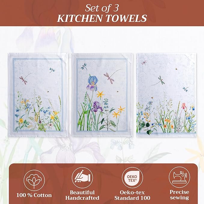 Maison d' Hermine Kitchen Towels Set of 3 100% Cotton 27.50" x 20" Reusable Cloth Tea Dish Towels Absorbent with Hanging Loop for Kitchen Farmhouse Hotel Spring Summer - Fleurs De Mai