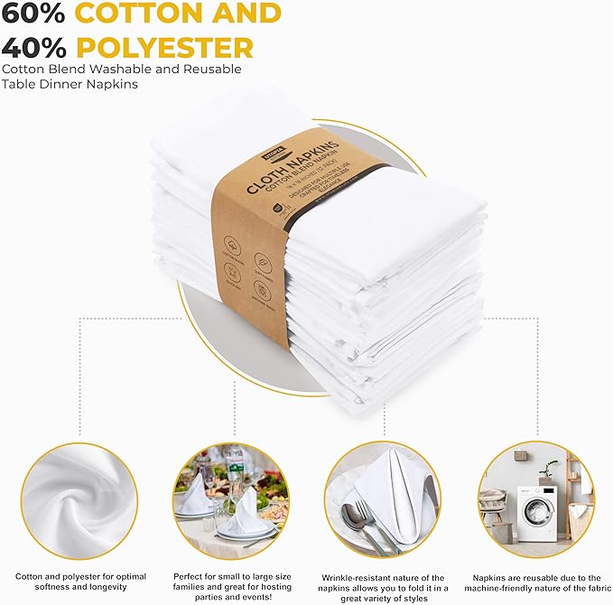 Utopia Kitchen White Cloth Napkins [12 Pack, 18x18 Inch] Absorbent Cotton Blend Washable and Reusable for Dinner, Restaurant, Lunch, Wedding and Hotel