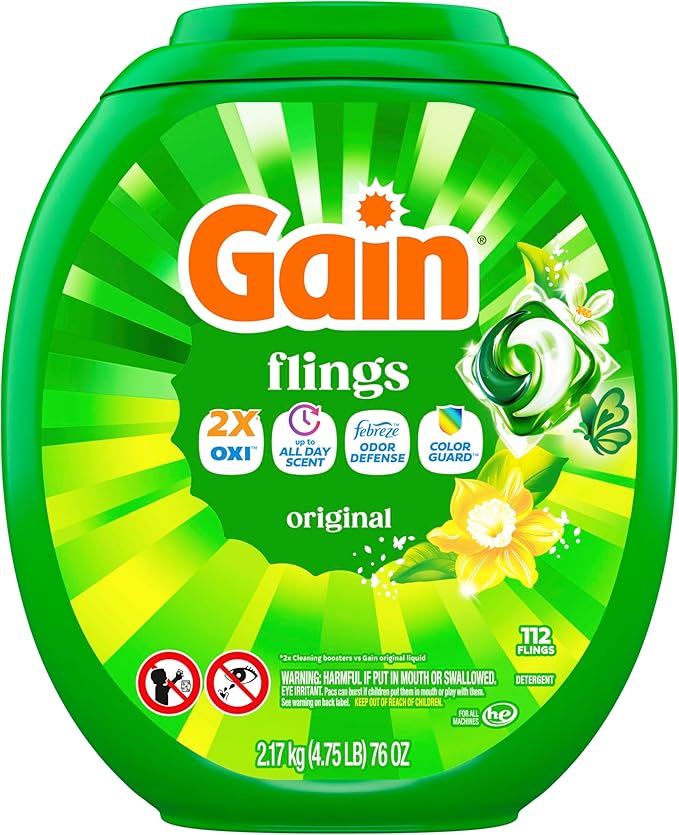 Gain Flings Liquid Washing Detergent Pods, Now with Odor Defense + Color Guard, Original Scent, 4-In-1 Liquid Laundry Detergent Pacs, Clean & Fresh, 112 Count (Packaging May Vary)