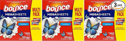 Bounce Mega Dryer Sheets, Fresh Breeze, 130 Count, Mega Fabric Softener Sheets with Static Control, Wrinkle Reduction, Extra Softness, Lasting Scent, Repels Lint (Pack of 3)