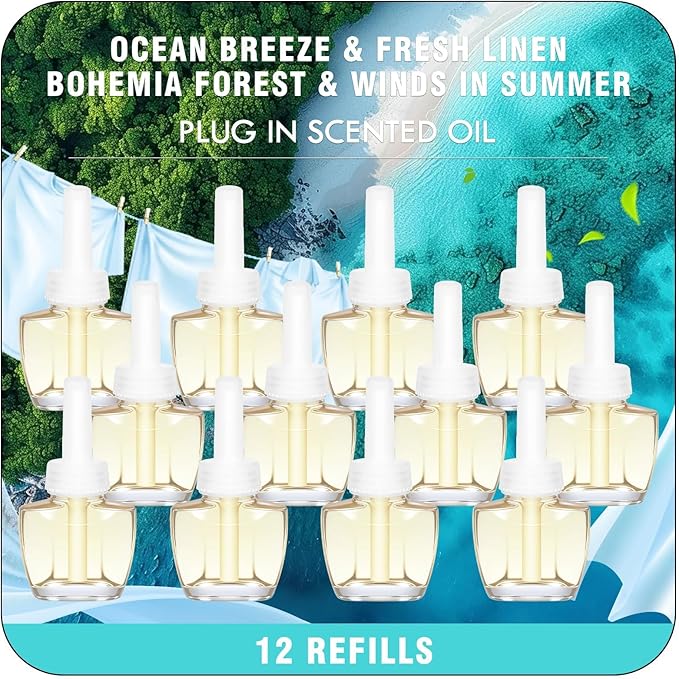 Plug In Refills Air Freshener, Sea Breeze, Fresh Linen, Bohemia Forest, Winds in summer, for Home, 7.92 Fl Oz, 12 Count, Compatible with Air Wick & Glade, Not Include Glade Plus