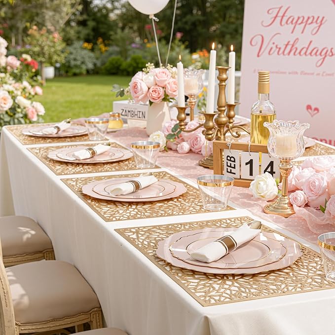 Liacere 350PCS Pink Plates Disposable-PinK Plates 50guest Baroque Plastic Dinnerware include 100Plates, 50Pack Pre Rolled Napkins with Silverware 50Cups Perfect for Wedding & Party