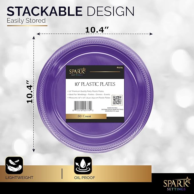 Amcrate Disposable Plastic Plates Purple, 10.4 Inches Plastic Dinner Plates, Strong and Sturdy Disposable Plates for Party, Dinner, Holiday, Picnic, or Travel Party Plates, Pack of 50