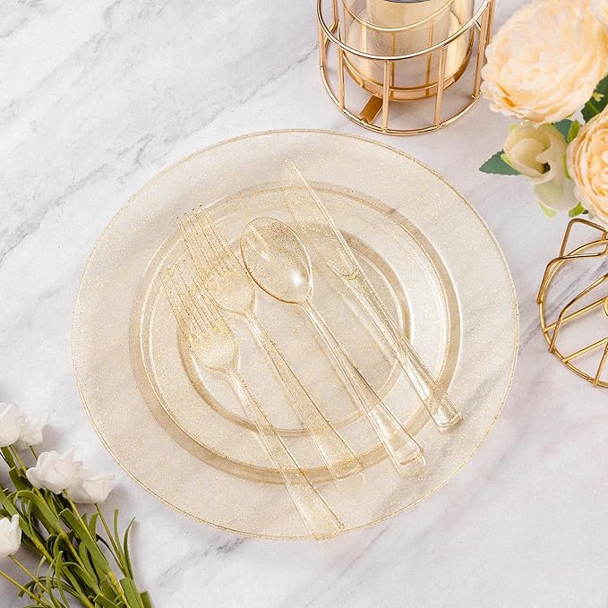 Goodluck 200PCS Gold Glitter Plastic Plates, Heavy Duty Disposable Gold Glitter Plates with 100 10.25 inch Dinner Plates, 100 7.5 inch Dessert Plates, Disposable Plates for Party, Wedding