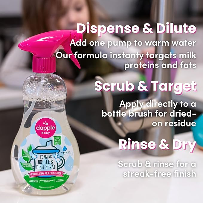 Dapple Baby Fragrance-Free Foaming Bottle & Dish Spray - (2 Pack) 16.9 fl oz - Plant-Powered Cleaner for Baby Bottles, Pump Parts, and Sippy Cups - Includes 1 Pump