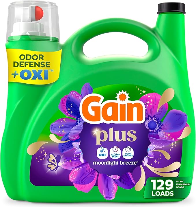 Gain Plus Liquid Laundry Detergent, Cleaner, Fresher, Now with Oxi, Moonlight Breeze Scent, 170 fl oz, 129 Loads