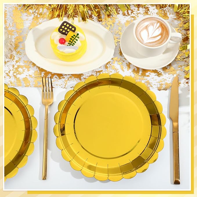 NatNarr 30 Pcs Gold Plates Disposable 9 Inch Scalloped Gold Paper Plates Dessert Cake Plate Cute Party Plate for Wedding, Birthday, Holiday