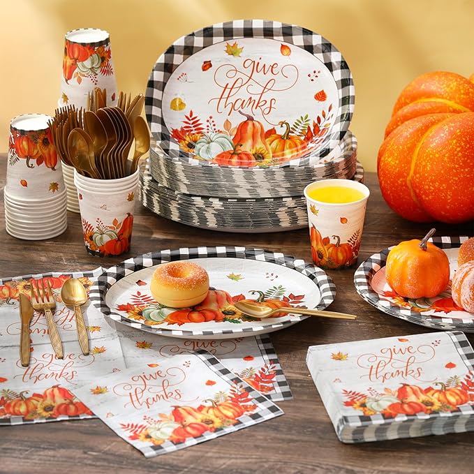 Havawish 350 Pcs Fall Thanksgiving Party Supplies Give Thanks Tableware Set Black White Buffalo Plaids Pumpkin Disposable Oval Plates Cups Napkins Fork Knife Spoon Dinnerware for Autumn Table Decor